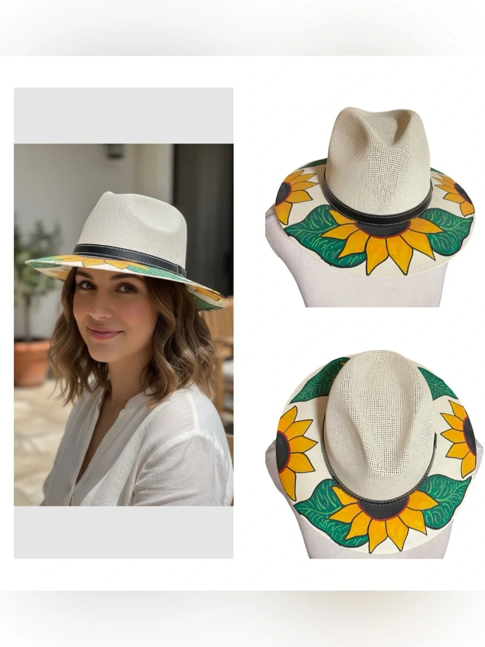 MX Mexico cream woven straw fedora hat black band hand painted sunflowers MEDIUM